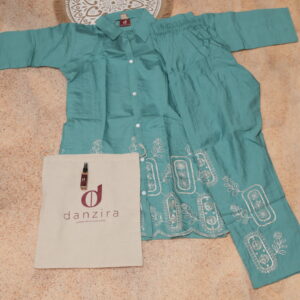 Teal Button-Front Embroidered Kurti Set